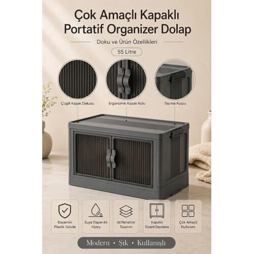 Piev Çok Amaçlı Kapaklı Portatif İstiflenebilir Organizer Dolap Antrasit