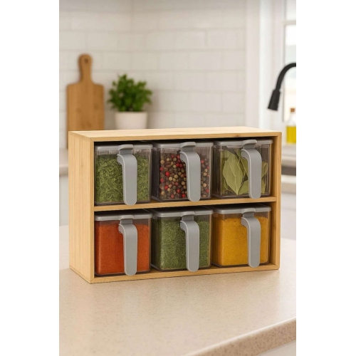 Piev Bambu Standlı Bölmeli  Kapaklı Ve Kaşıklı 9 Lu Şeffaf Baharatlık