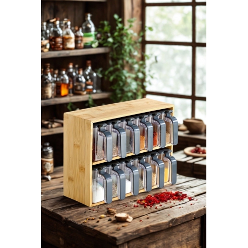 Piev Bambu Standlı Bölmeli Kapaklı ve Kaşıklı 12 Li Şeffaf Baharatlık