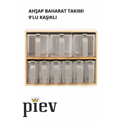 Piev Bambu Standlı Bölmeli Kapaklı ve Kaşıklı 9 Lu Şeffaf Baharatlık