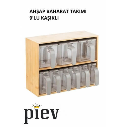 Piev Bambu Standlı Bölmeli Kapaklı ve Kaşıklı 9 Lu Şeffaf Baharatlık