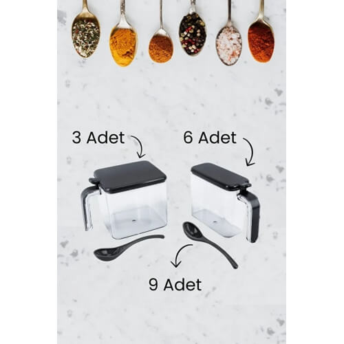 Piev Bambu Standlı Bölmeli Kapaklı ve Kaşıklı 9 Lu Şeffaf Baharatlık
