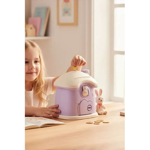 Piev Dekoratif Sevimli Anahtarlı Ev Baca Para Kumbarası Mor