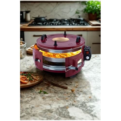 Piev Akel Termostatlı 25 Lt 1100 Wat Standart döner Tepsili Yuvarlak Davul Fırın Kırmızı