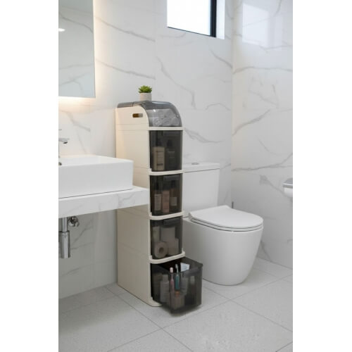 Piev Slim 5 Katlı Çekmeceli Tekerlekli  Mutfak Banyo Dolabı Beyaz