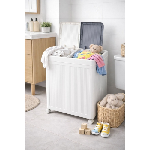 Piev 100 Lt Kirli Sepeti Çift Hazneli Kapaklı Tekerlekli Katlanabilir Çamaşır Odası Düzenleyici