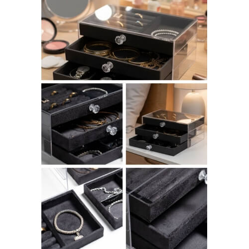 Piev House By House Kadife Kumaş Kaplı Üç Katlı Çekmeceli Takı Kozmetik Organizer Siyah