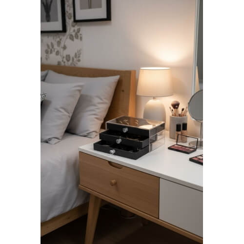 Piev House By House Kadife Kumaş Kaplı Üç Katlı Çekmeceli Takı Kozmetik Organizer Siyah