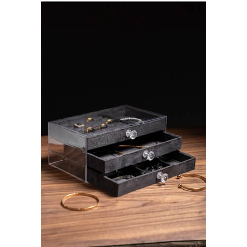 Piev House By House Kadife Kumaş Kaplı Üç Katlı Çekmeceli Takı Kozmetik Organizer Siyah