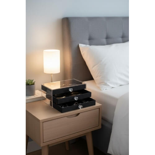 Piev House By House Kadife Kumaş Kaplı Üç Katlı Çekmeceli Takı Kozmetik Organizer Siyah