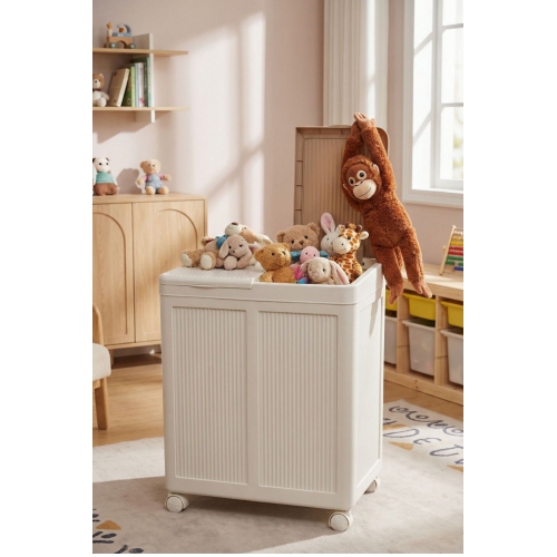 Piev 50+50 Litre Kapaklı Çift Hazneli Tekerlekli Katlanabilir Çamaşır Sepeti