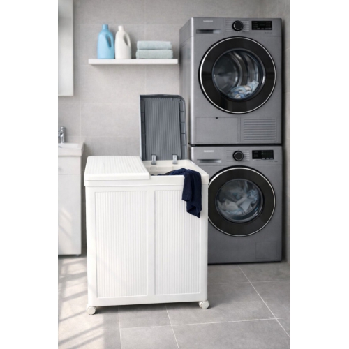 Piev 50+50 Litre Kapaklı Çift Hazneli Tekerlekli Katlanabilir Çamaşır Sepeti