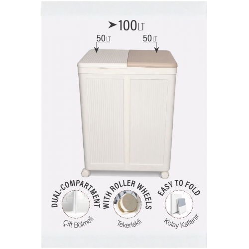 Piev 50+50 Litre Kapaklı Çift Hazneli Tekerlekli Katlanabilir Çamaşır Sepeti