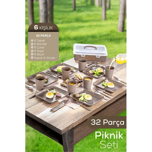 Piev Taşınabilir 32 Parça 6 Kişilik Piknik Seti Krem