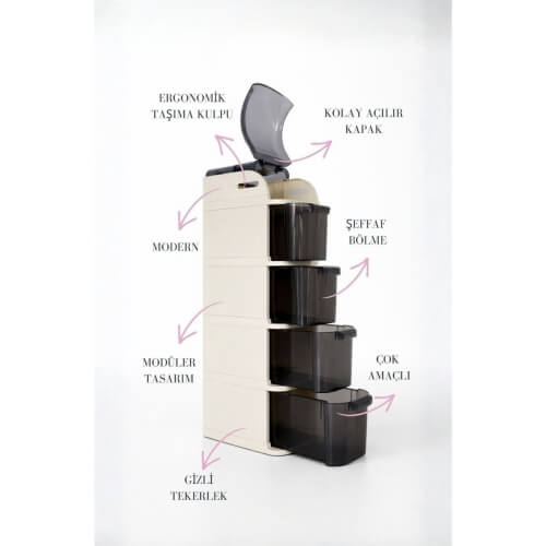 Piev Slim 5 Katlı Çekmeceli Tekerlekli Mutfak Ve Banyo Dolabı