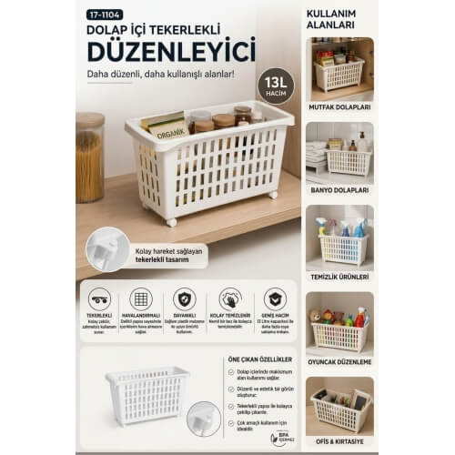 Piev Çok Fonksiyonlu Tekerlekli Dolap İçi Saklama ve Düzenleme Sepeti 2 Li