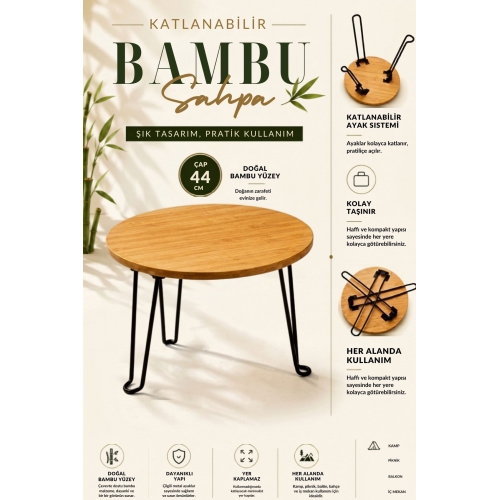 Piev Bambu Tepsi Katlanır Metal Ayaklı Çok Amaçlı Sehpa 44 Cm