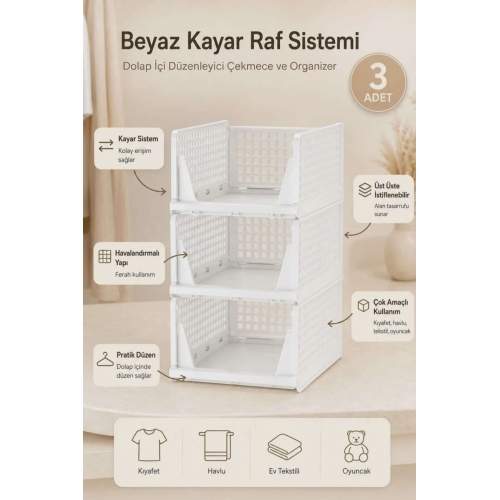Piev Kayar Raf Sistemli Dolap İçi İstiflenebilir Kıyafet Düzenleyici Organizer Beyaz 3 Adet