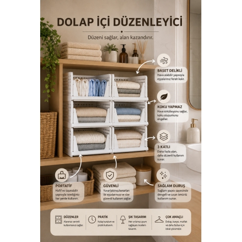 Piev Kayar Raf Sistemli Dolap İçi İstiflenebilir Kıyafet Düzenleyici Organizer Beyaz 6 Adet