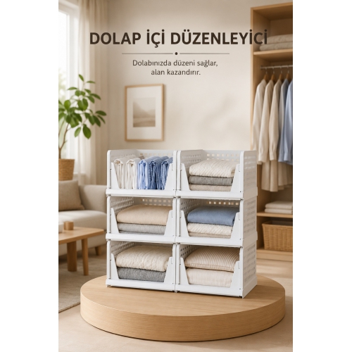 Piev Kayar Raf Sistemli Dolap İçi İstiflenebilir Kıyafet Düzenleyici Organizer Beyaz 6 Adet