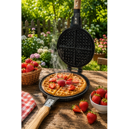 Piev Pratik Ahşap Saplı Çift Taraflı Ocak Üstü Döküm Waffle Tavası