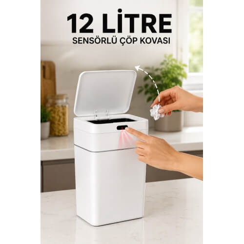 Piev Sensörlü Otomatik Kapaklı Akıllı Çöp Kovası Beyaz 12 Lt