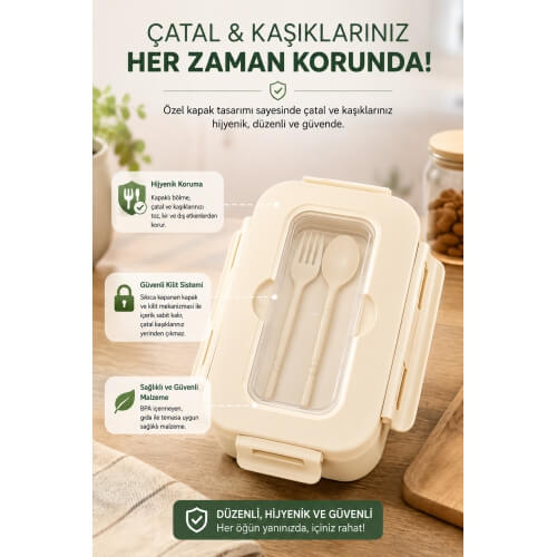 Piev Kilitli Sızdırmaz Çatal Kaşıklı 2 Bölmeli Beslenme Kabı Krem