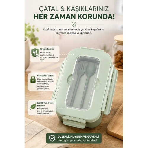 Piev Kilitli Sızdırmaz Çatal Kaşıklı 2 Bölmeli Beslenme Kabı Yeşil