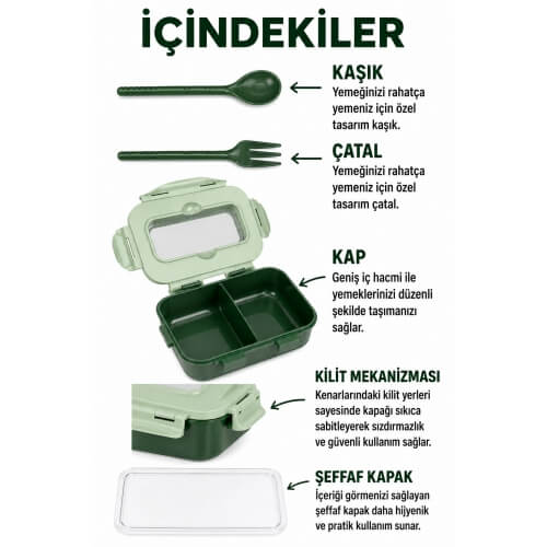 Piev Kilitli Sızdırmaz Çatal Kaşıklı 2 Bölmeli Beslenme Kabı Yeşil