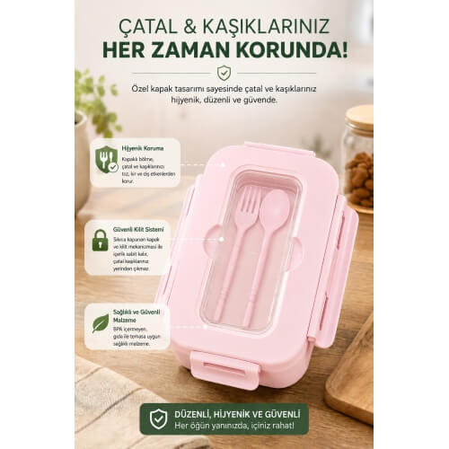 Piev Kilitli Sızdırmaz Çatal Kaşıklı 2 Bölmeli Beslenme Kabı Pembe