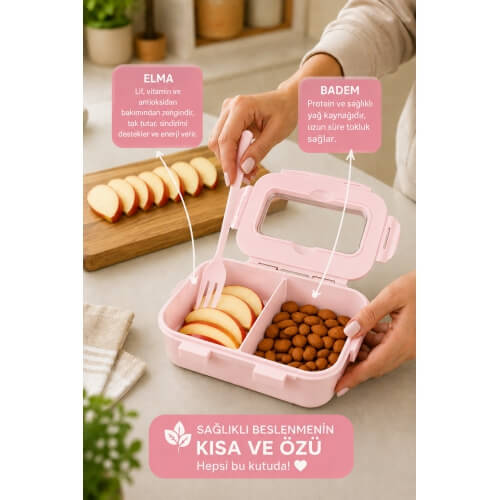 Piev Kilitli Sızdırmaz Çatal Kaşıklı 2 Bölmeli Beslenme Kabı Pembe