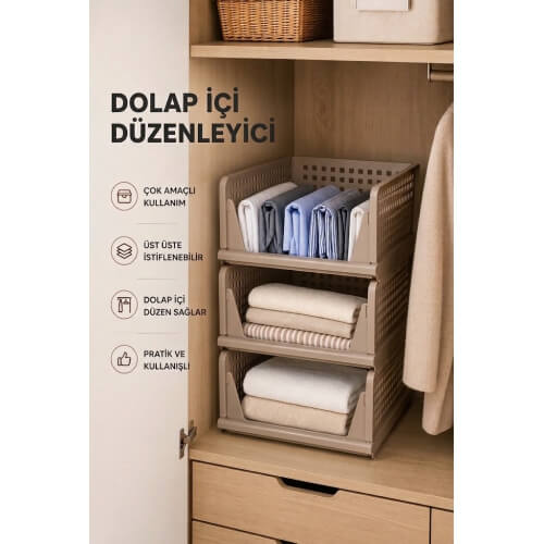 Piev Kayar Raf Sistemli Dolap İçi İstiflenebilir Kıyafet Düzenleyici Organizer Cappuccino 3 Adet