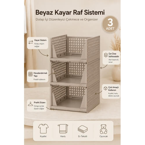 Piev Kayar Raf Sistemli Dolap İçi İstiflenebilir Kıyafet Düzenleyici Organizer Cappuccino 3 Adet