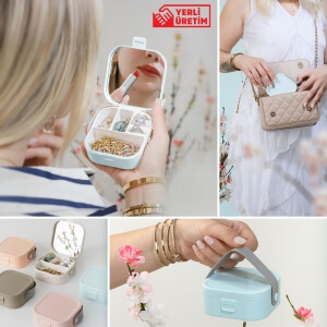 Piev House By House Çanta İçi Aynalı Mini Makyaj Takı Kutusu Mavi