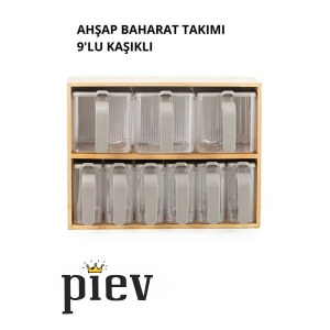 Piev Bambu Standlı Bölmeli Kapaklı ve Kaşıklı 9 Lu Şeffaf Baharatlık