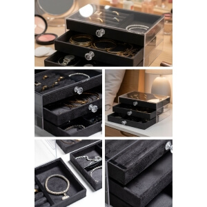 Piev House By House Kadife Kumaş Kaplı Üç Katlı Çekmeceli Takı Kozmetik Organizer Siyah