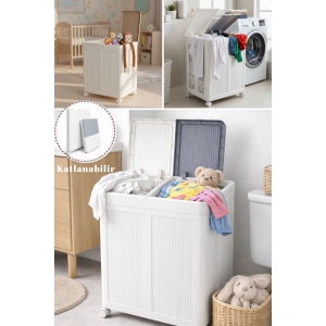 Piev 50+50 Litre Kapaklı Çift Hazneli Tekerlekli Katlanabilir Çamaşır Sepeti