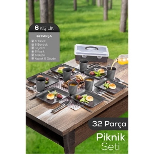 Piev Taşınabilir 32 Parça 6 Kişilik Piknik Seti Antrasit