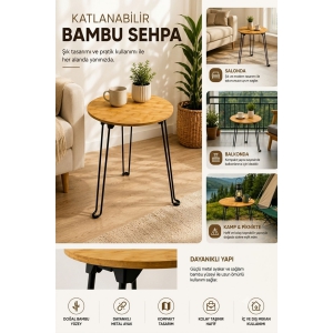 Piev Bambu Tepsi Katlanır Metal Ayaklı Çok Amaçlı Sehpa 44 Cm
