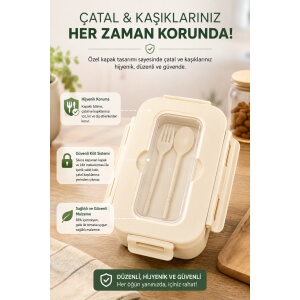 Piev Kilitli Sızdırmaz Çatal Kaşıklı 2 Bölmeli Beslenme Kabı Krem