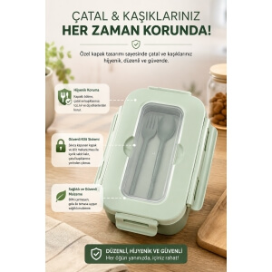 Piev Kilitli Sızdırmaz Çatal Kaşıklı 2 Bölmeli Beslenme Kabı Yeşil