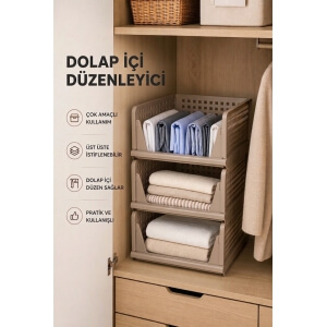 Piev Kayar Raf Sistemli Dolap İçi İstiflenebilir Kıyafet Düzenleyici Organizer Cappuccino 3 Adet