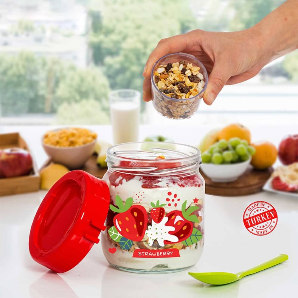 piev desenli kasikli yogurt kavanozu kirmizi 425 cc pazaristanbul