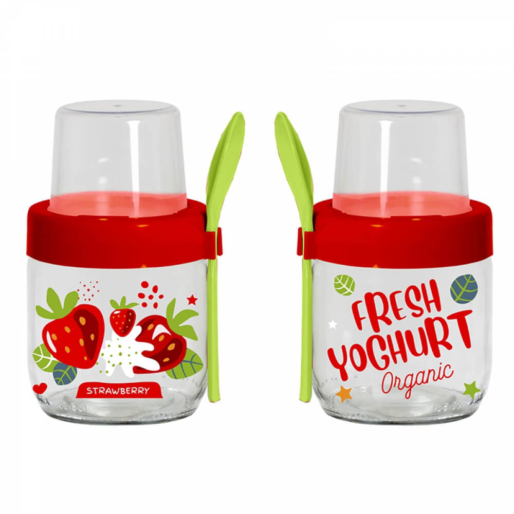 piev desenli kasikli yogurt kavanozu kirmizi 425 cc pazaristanbul